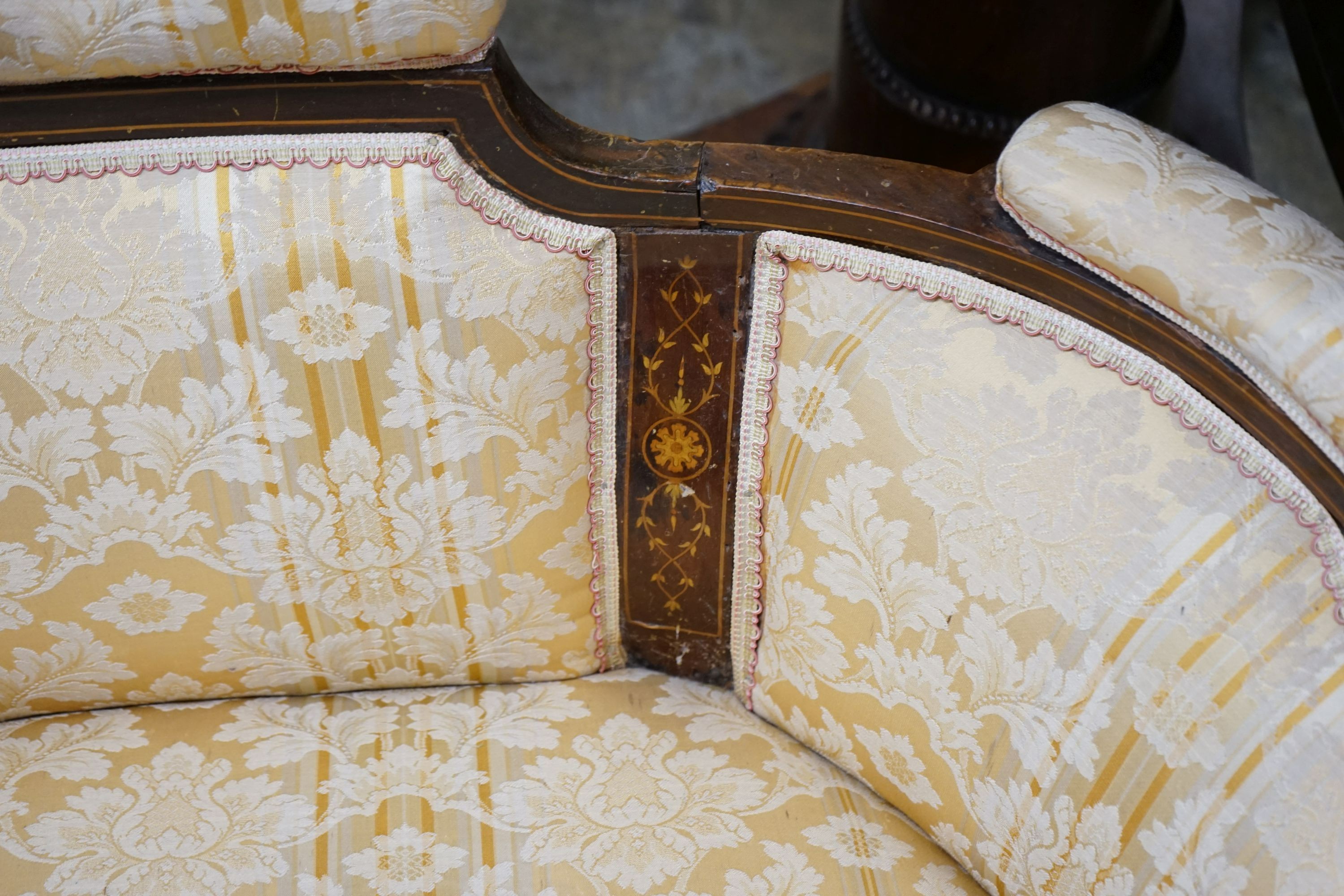 An Edwardian inlaid tub framed settee, length 150cm, depth 60cm, height 66cm